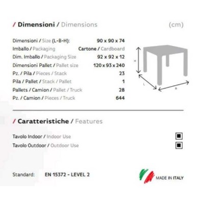 Ares - Tavolo singolo 70x70xH74cm polipropilene da esterno giardino bar ristorante certificato per uso locali